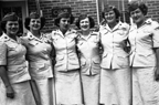 Women Marines platoon, 1944 - Group photo of the "simple six," members of Mary McLeod Roger's boot camp platoon at Camp Lejeune, North Carolina, in spring of 1944. Marines (standing left to right) Frances Stir, Jeanne Sincerbeaux, Mary McLeod, Rosemary Keeleher, Marcia Moore, and Anne Condon all wear the white short-sleeved summer uniform and spruce green garrison cap.  Mary McLeod Rogers Papers Collection (WV0134.6.004), Betty H. Carter Women Veterans Historical Project, University of North Carolina at Greensboro, NC.