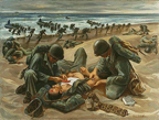 "First Aid to the Fallen" - Accompanying the first wave of troops to the beach, Navy hospital corpsmen in training at Camp Lejeune "inject" morphine and affix a tag to one of the "casualties" of the landing operations. 