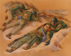 "This Way to Recovery" - While his comrades keep up a steady fire to discourage enemy marksmen, a Navy hospital corpsman drags a "casualty" to comparative safety in a foxhole. This is one of the grimly realistic portraits drawn at Camp Lejeune where Navy corpsmen are in training. 