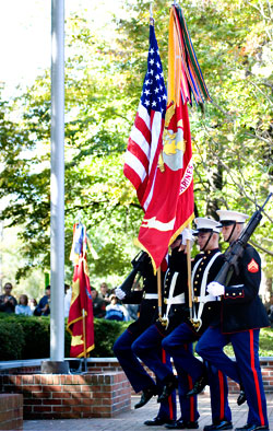 A Marine Corps color guard participates in a ceremony.