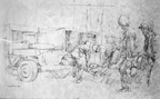 "Mercy Jeep" - Addition of a superstructure and a word of caution to the drivers transforms a jeep into an ambulance. Usually driven at top speed on the front, they are piloted more carefully when transporting wounded. This one was portrayed at Camp Lejeune. 