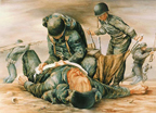 "True to Life" - Undergoing training in maneuvers staged at the Naval Medical Field Service School, Camp Lejeune NC, to ready themselves for duty under fire, Navy hospital corpsmen attended to a "casualty" on the beachhead. Morphine has been "injected." Note the used syrette on the sand in the left foreground and while one corpsman bandages the wound, another opens a folding stretcher. In the background another corpsman hastens by on the double quick with a stretcher.