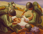 "Battlefield of the Samaritans" - While one Navy hospital corpsman bandages the wounded arm of a "casualty" another holds a lighted cigarette to his mouth during maneuvers at Camp Lejeune. 