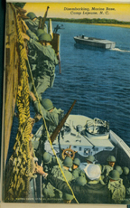 Historic postcard featuring men disembarking a ship, Marine Corps Base Camp Lejeune (US Marine Corps Archives)